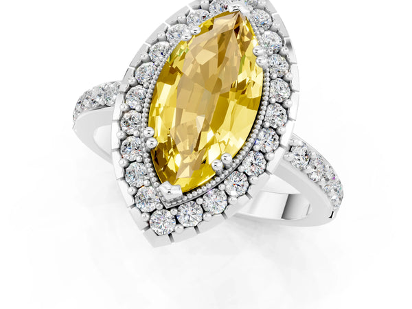 Silver Marquise Cut Yellow Sapphire Halo Ring with Pavé Band and Prong Setting
