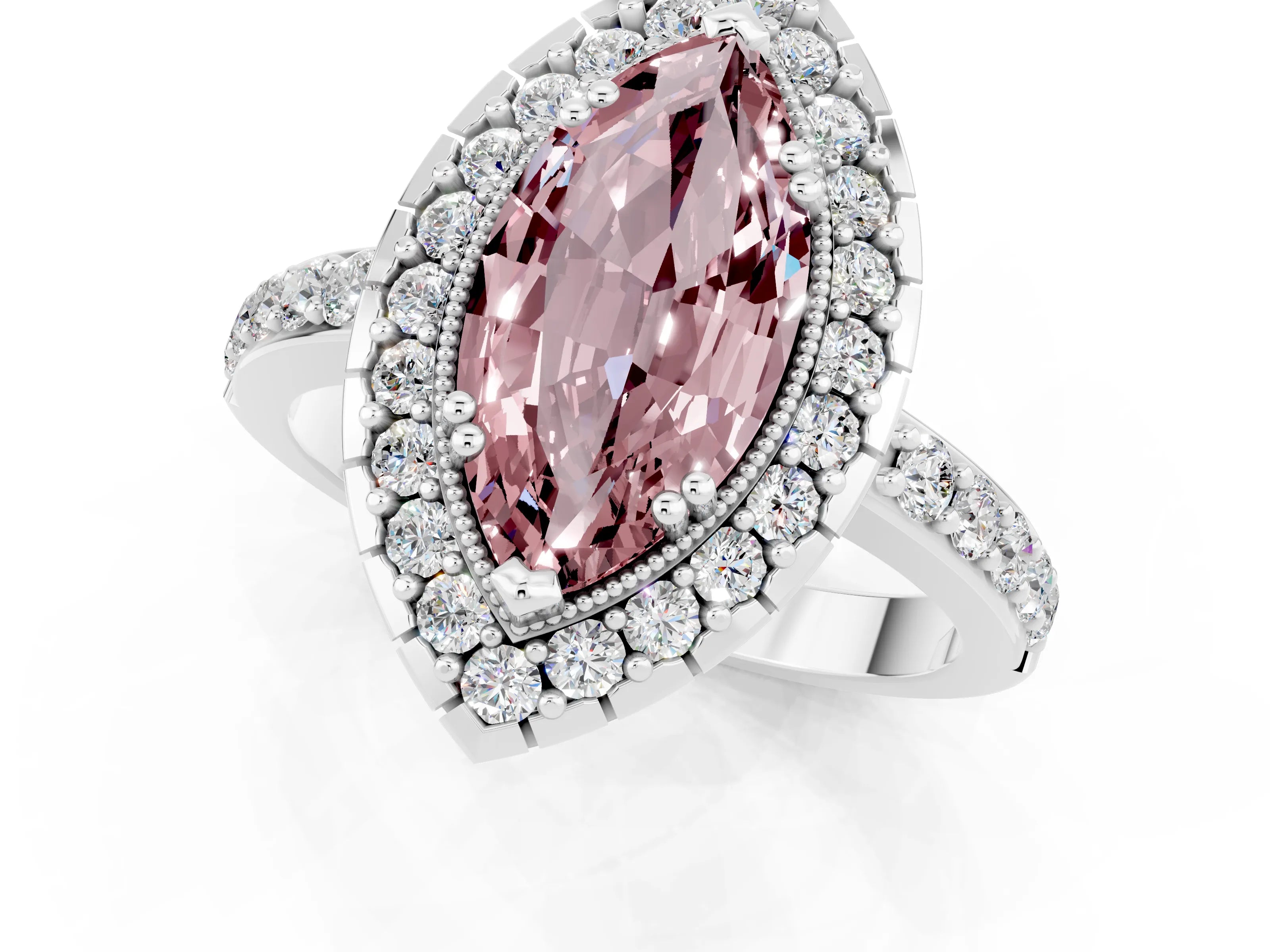 White gold Marquise Cut Diamond Halo Ring with Pavé Band and Prong Setting_1