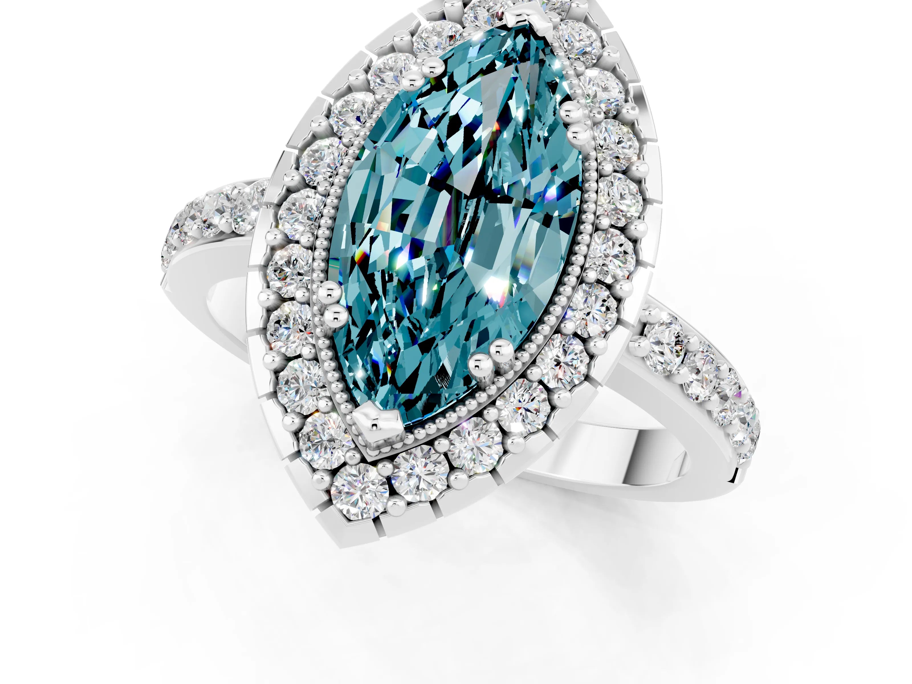 White gold Marquise Cut Diamond Halo Ring with Pavé Band and Prong Setting_1
