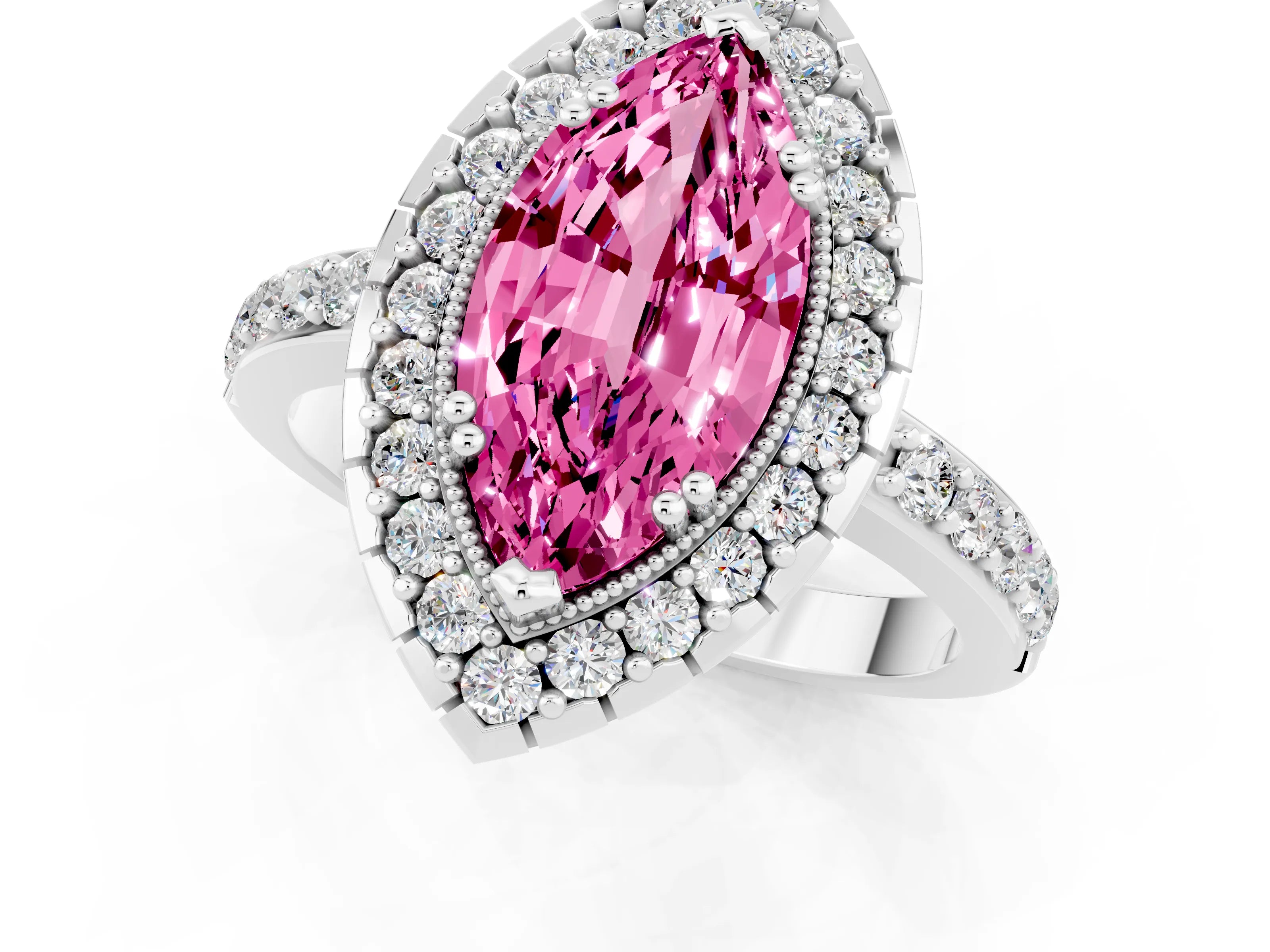 White gold Marquise Cut Diamond Halo Ring with Pavé Band and Prong Setting_1