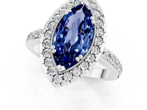White gold Marquise Cut Diamond Halo Ring with Pavé Band and Prong Setting_1