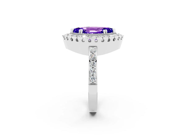 Platinum Marquise Cut Tanzanite Halo Ring with Pavé Band and Prong Setting
