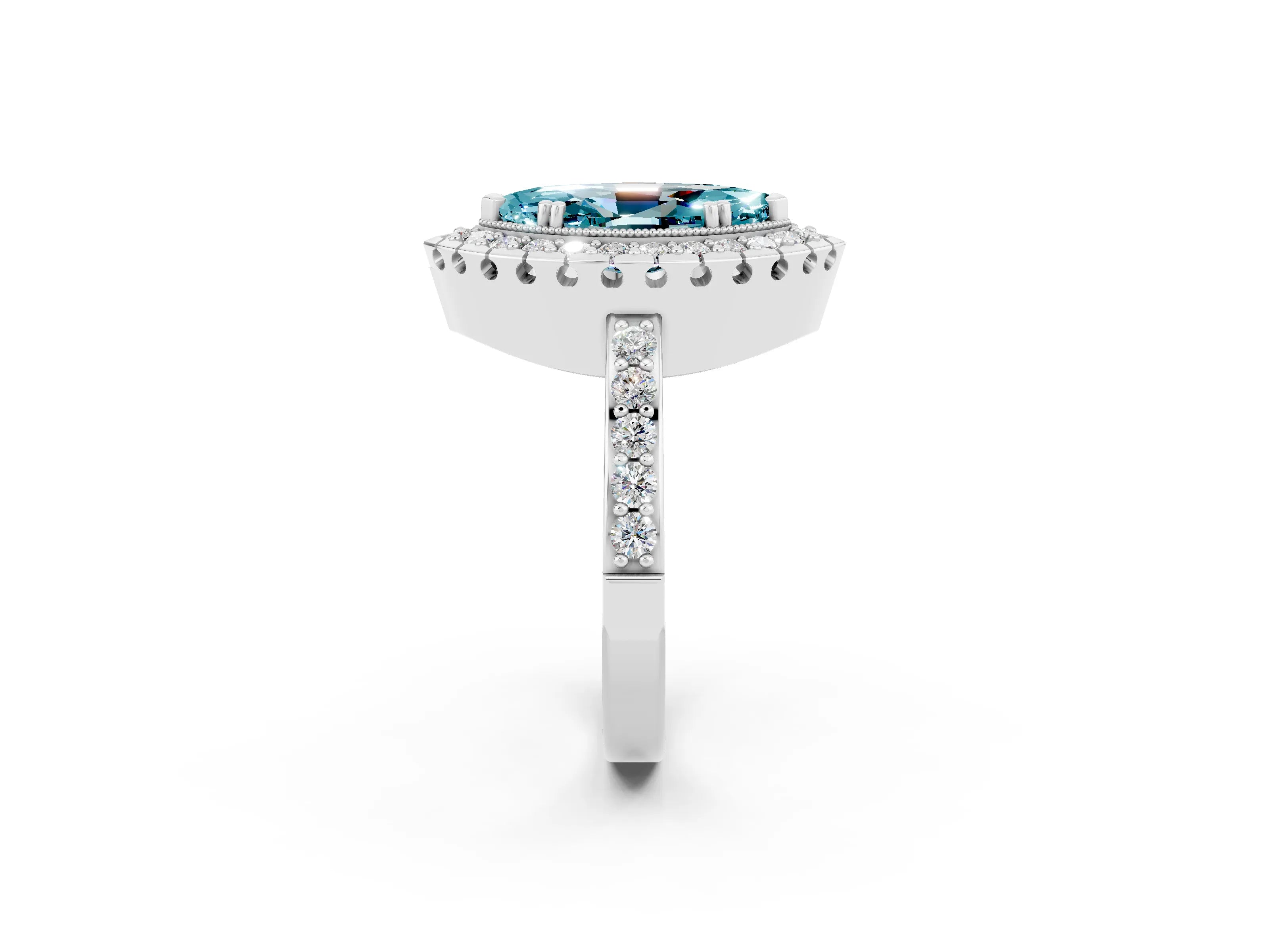 White gold Marquise Cut Diamond Halo Ring with Pavé Band and Prong Setting_2