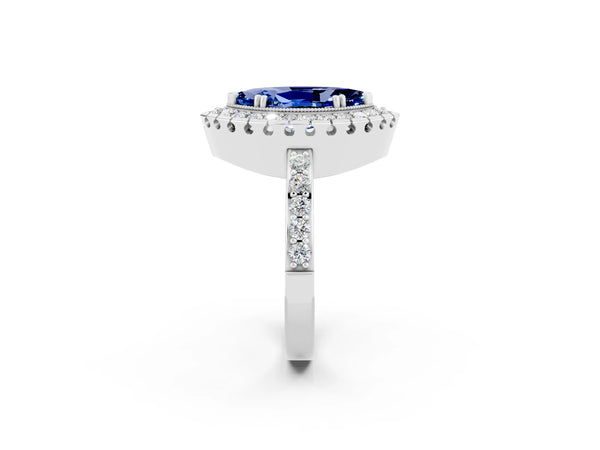 White gold Marquise Cut Blue Sapphire Halo Ring with Pavé Band and Prong Setting