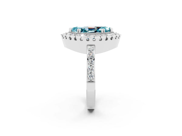 White gold Marquise Cut Blue Topaz Halo Ring with Pavé Band and Prong Setting