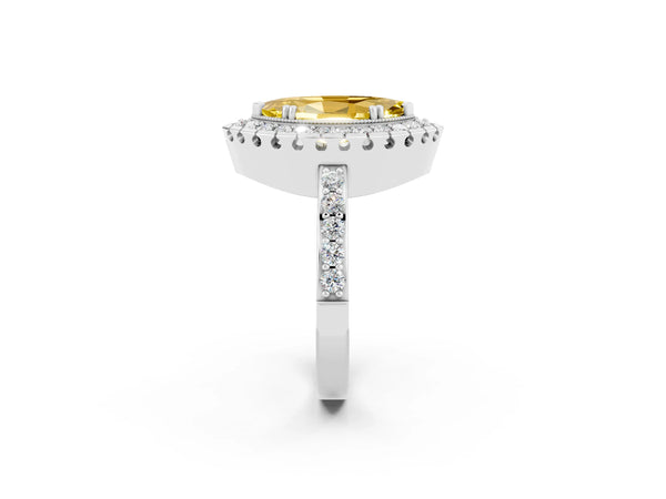 White gold Marquise Cut Yellow Sapphire Halo Ring with Pavé Band and Prong Setting