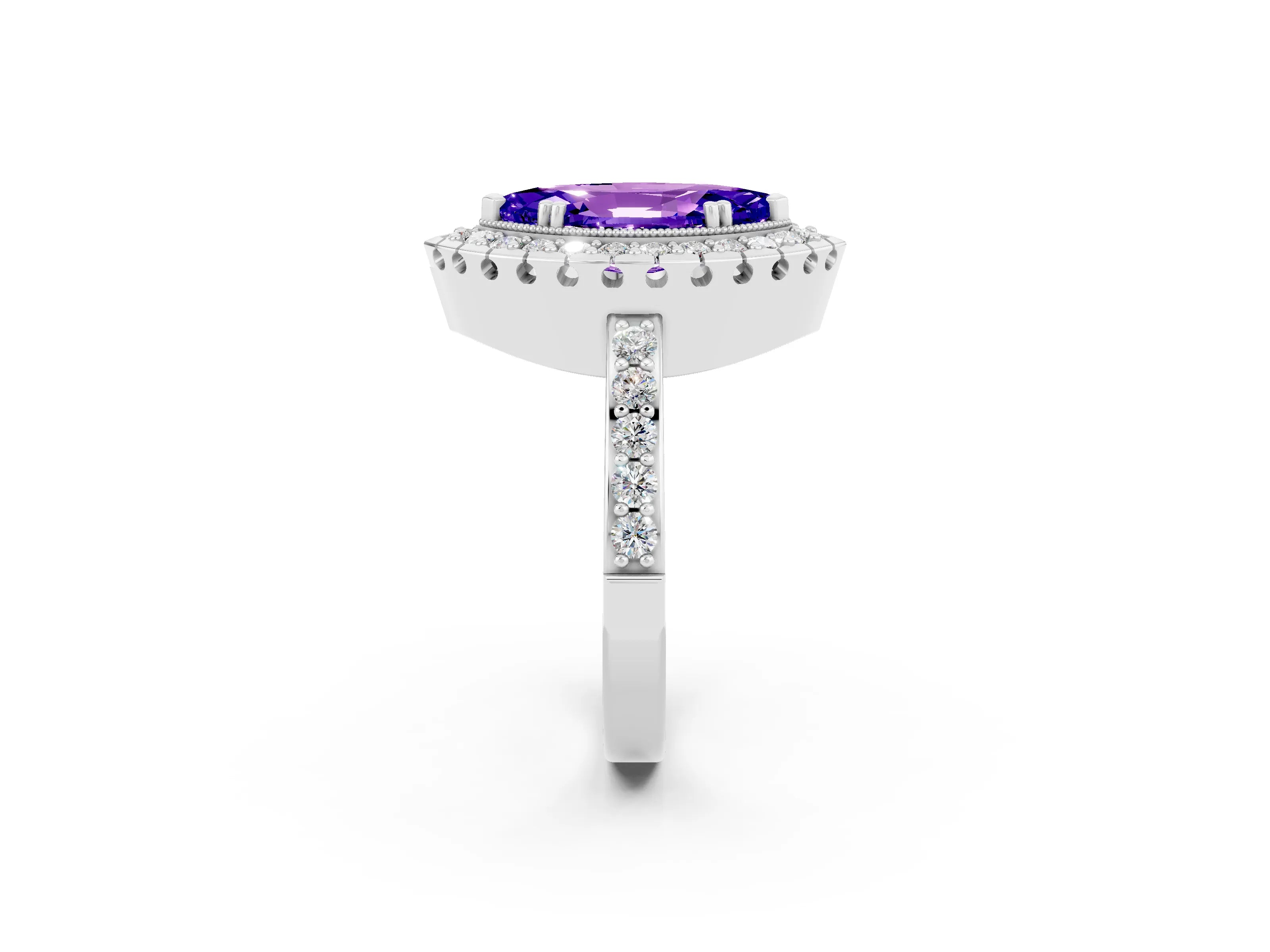 White gold Marquise Cut Diamond Halo Ring with Pavé Band and Prong Setting_2