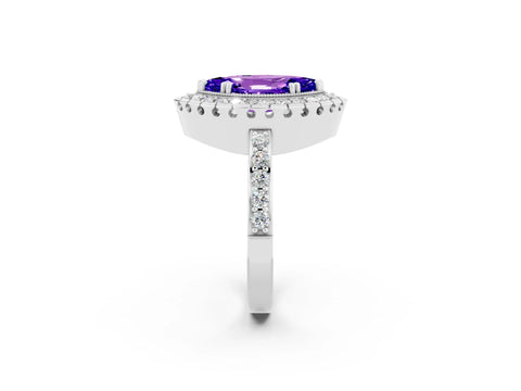White gold Marquise Cut Diamond Halo Ring with Pavé Band and Prong Setting_2