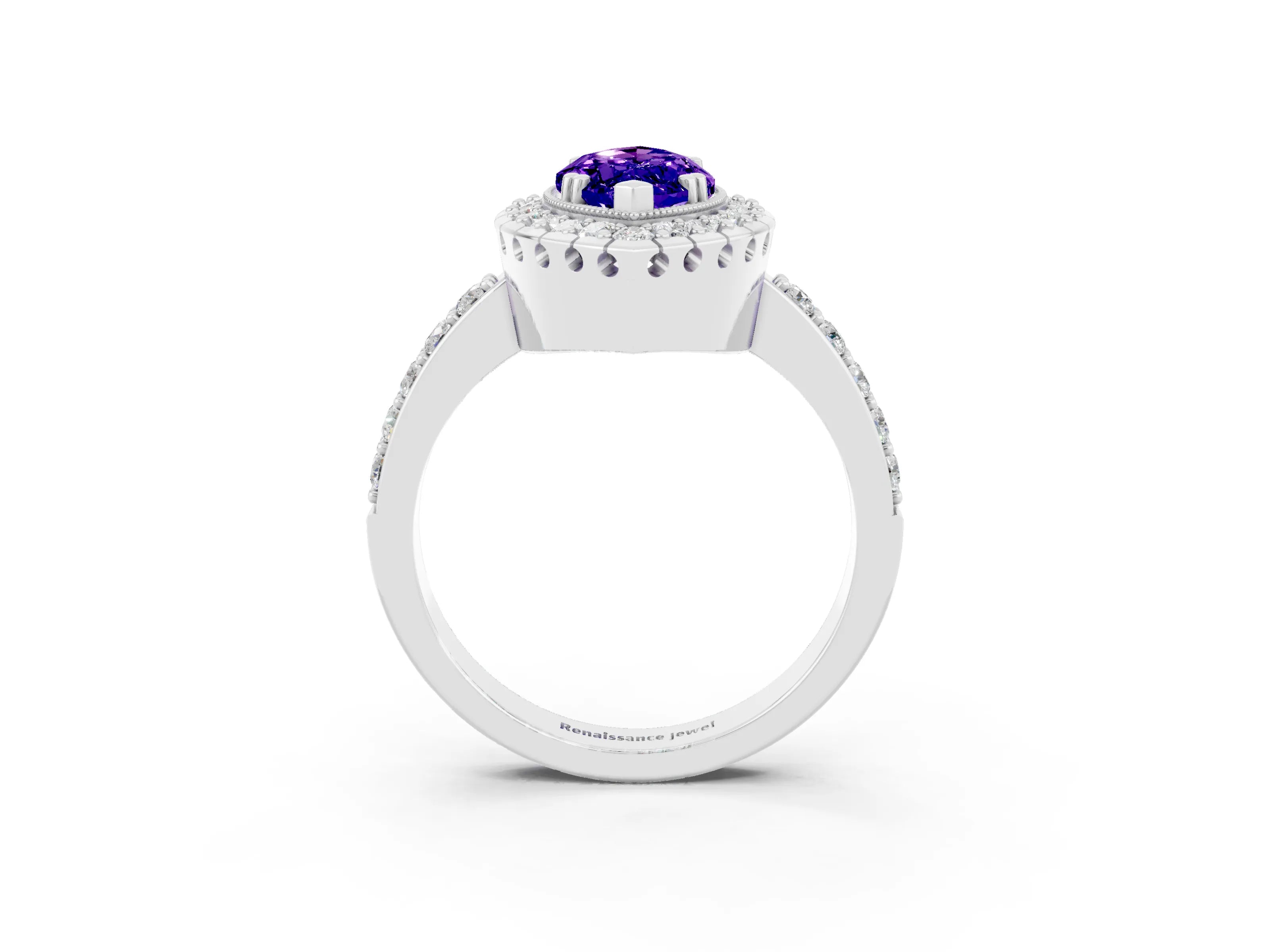 White gold Marquise Cut Diamond Halo Ring with Pavé Band and Prong Setting_3