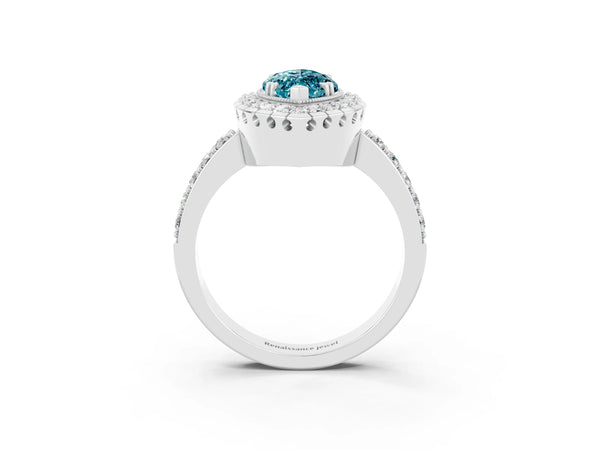 Silver Marquise Cut Blue Topaz Halo Ring with Pavé Band and Prong Setting