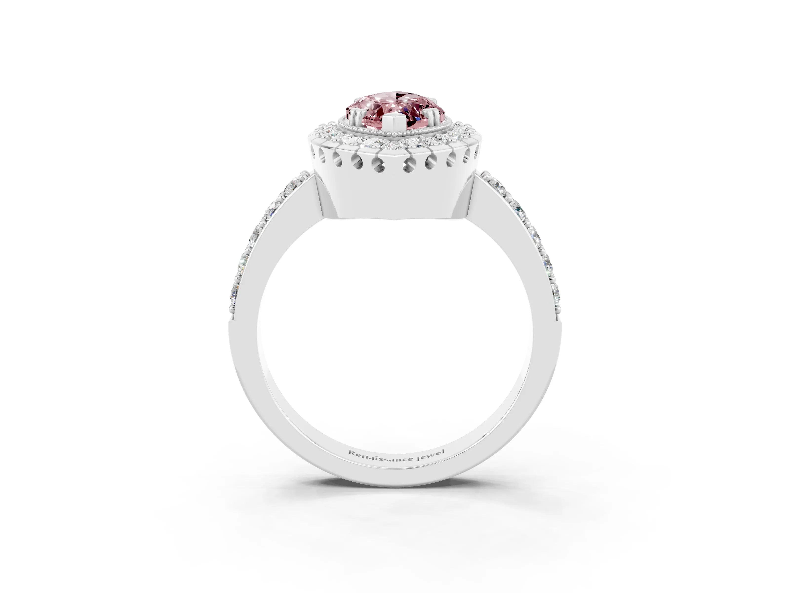 White gold Marquise Cut Diamond Halo Ring with Pavé Band and Prong Setting_3