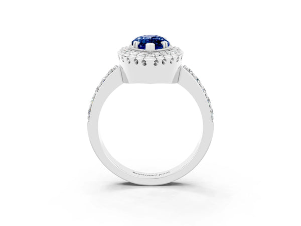 Platinum Marquise Cut Blue Sapphire Halo Ring with Pavé Band and Prong Setting