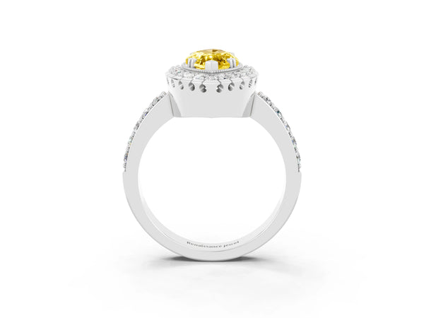 Silver Marquise Cut Yellow Sapphire Halo Ring with Pavé Band and Prong Setting
