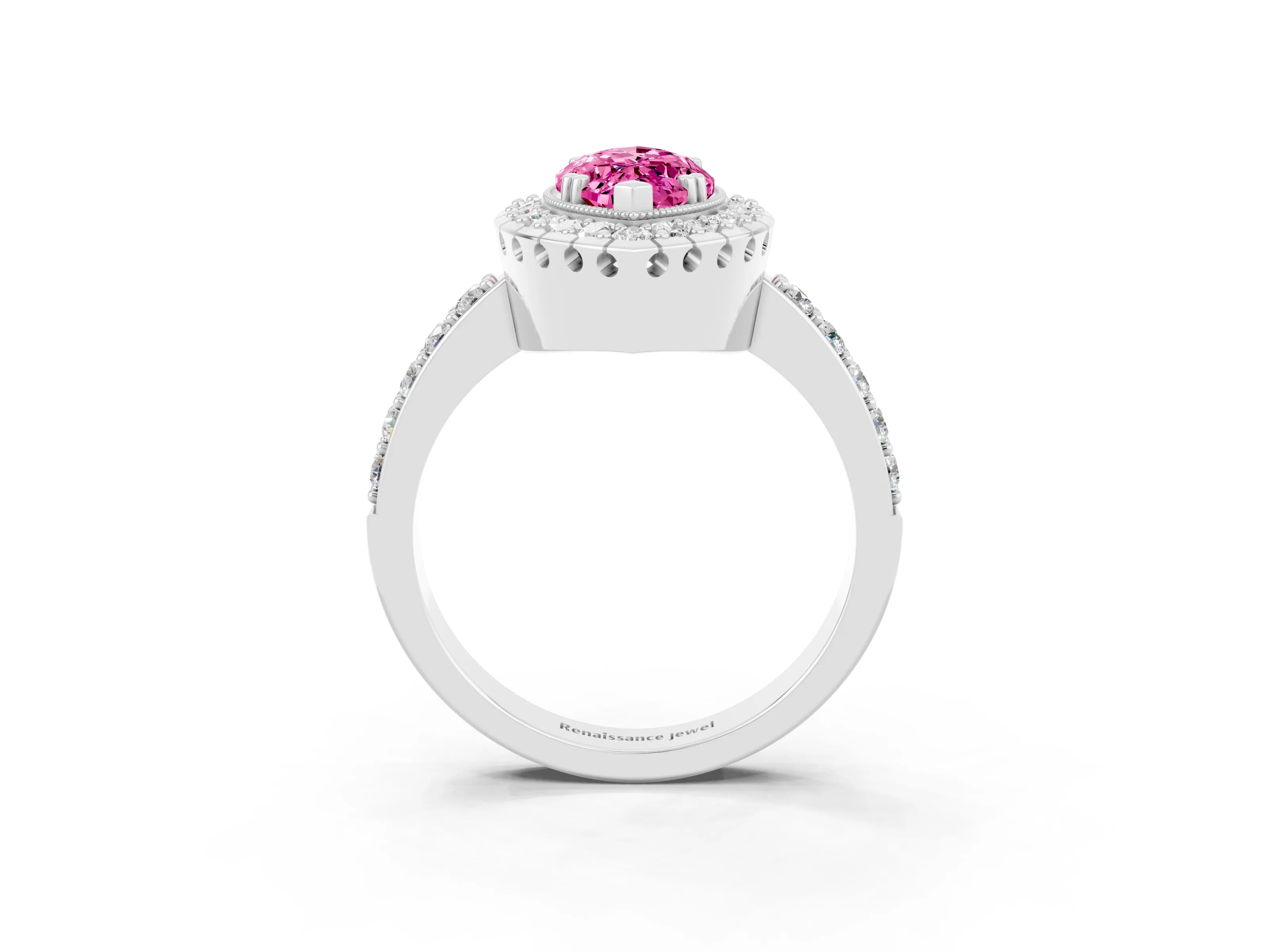 White gold Marquise Cut Diamond Halo Ring with Pavé Band and Prong Setting_3