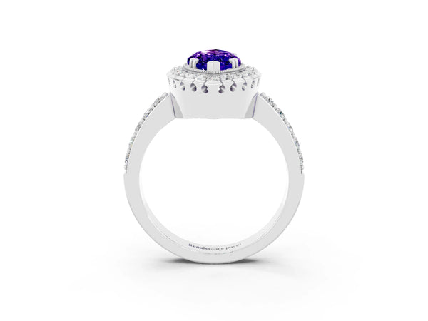 White gold Marquise Cut Tanzanite Halo Ring with Pavé Band and Prong Setting