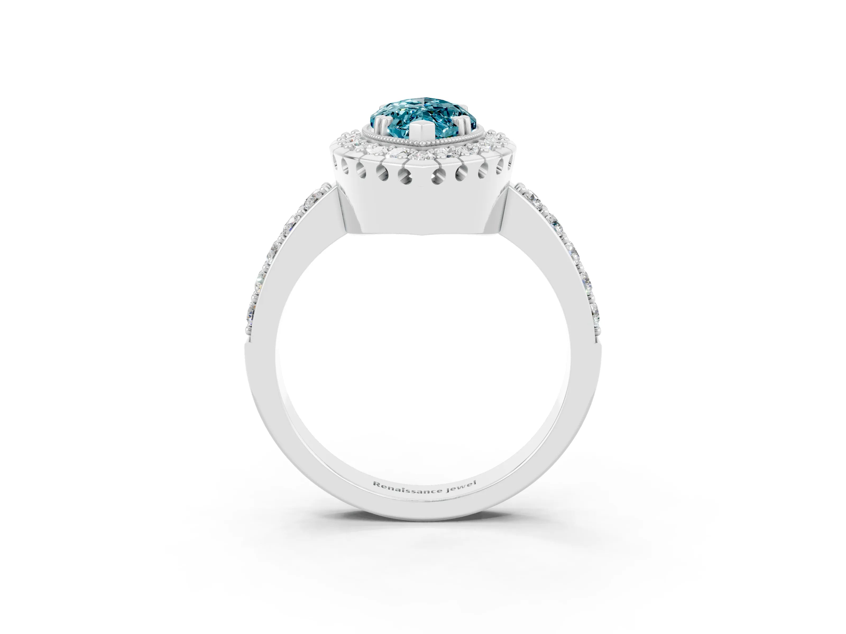 White gold Marquise Cut Diamond Halo Ring with Pavé Band and Prong Setting_3