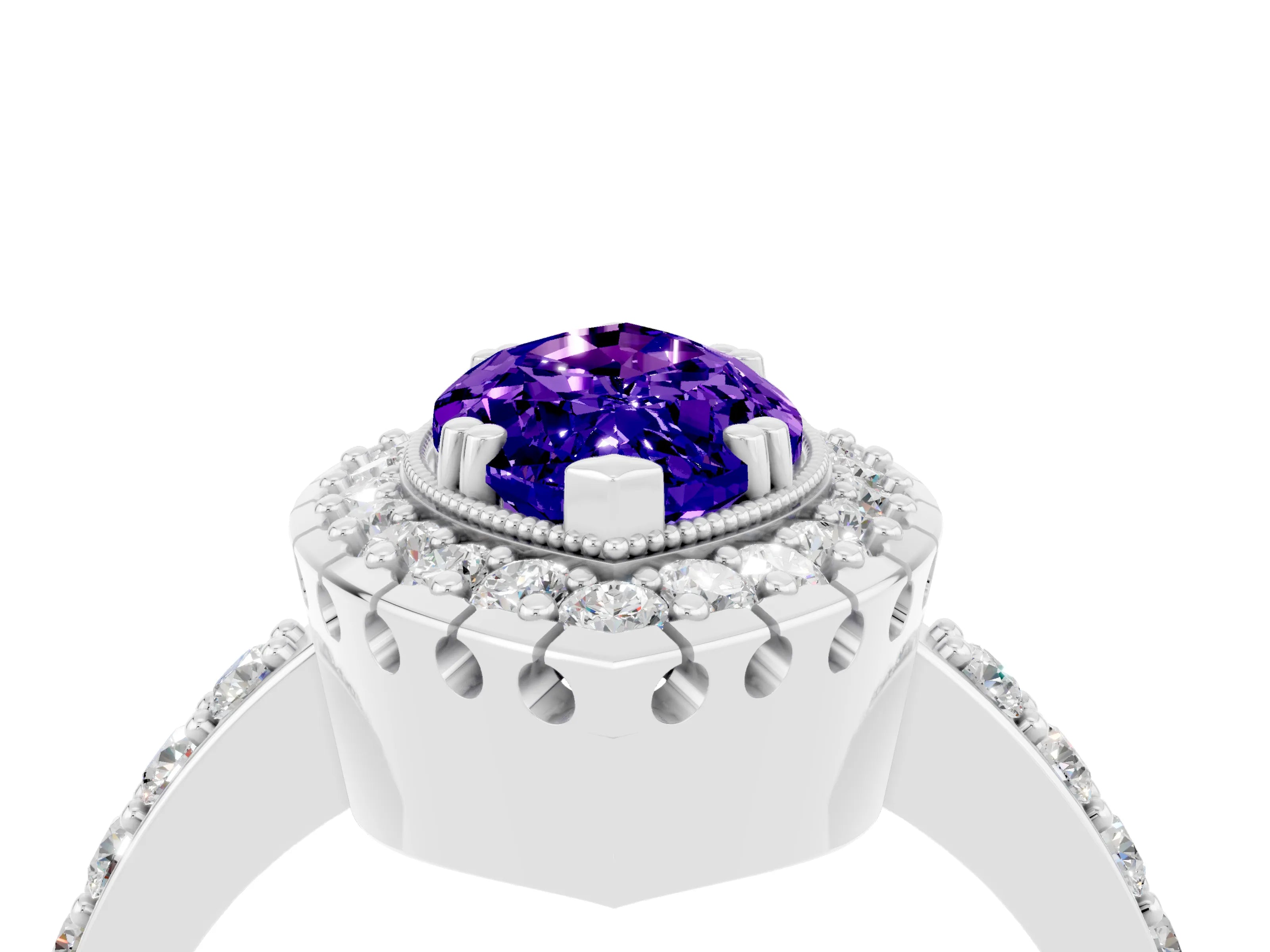 White gold Marquise Cut Diamond Halo Ring with Pavé Band and Prong Setting_4