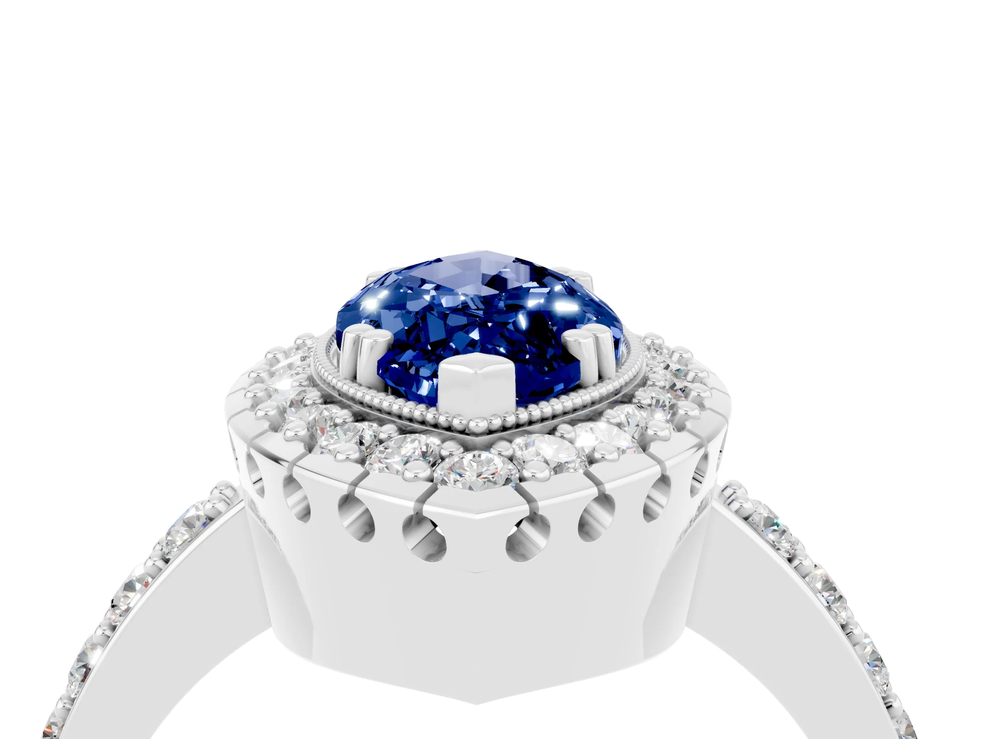 White gold Marquise Cut Diamond Halo Ring with Pavé Band and Prong Setting_4
