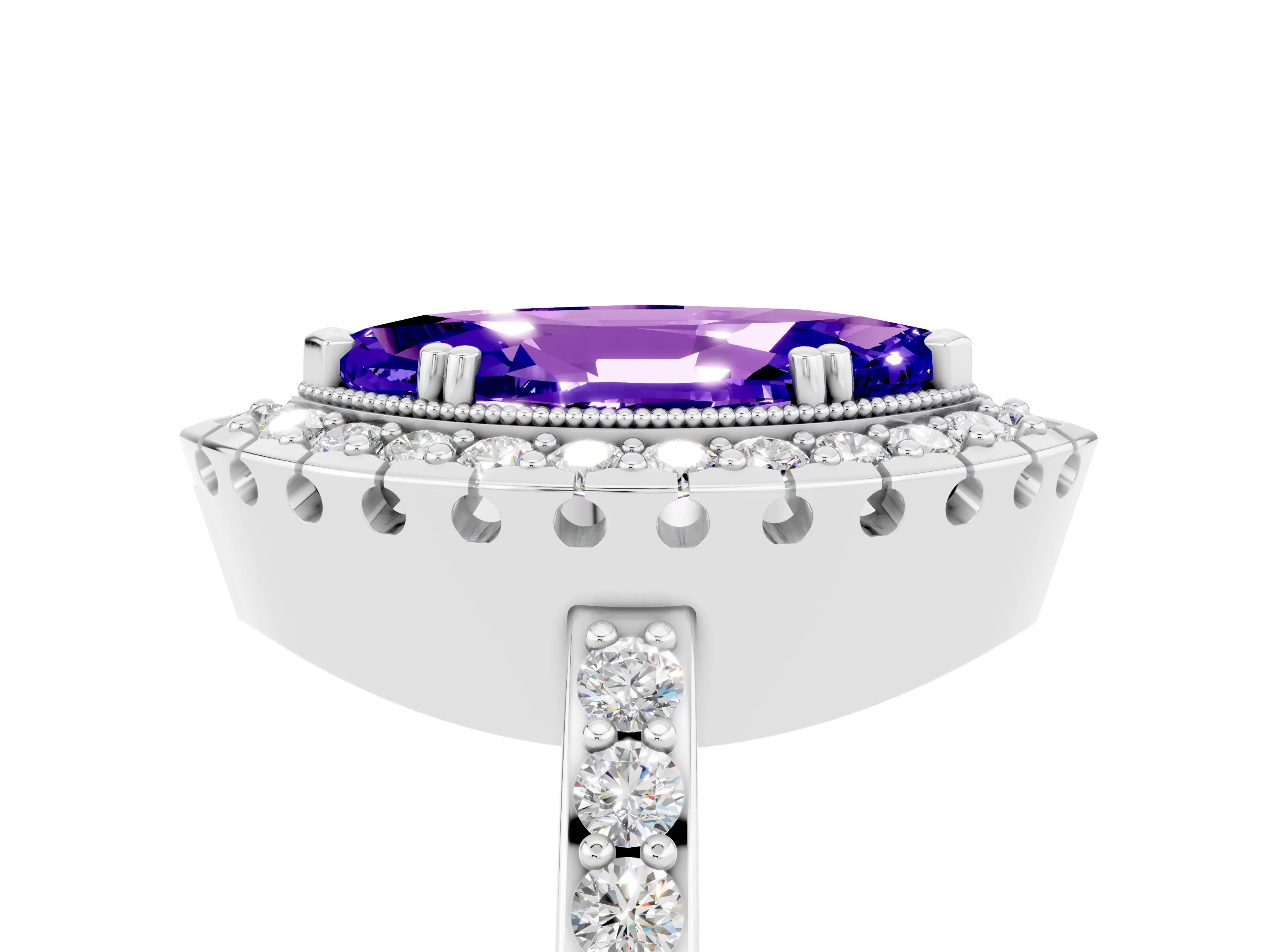 White gold Marquise Cut Diamond Halo Ring with Pavé Band and Prong Setting_5