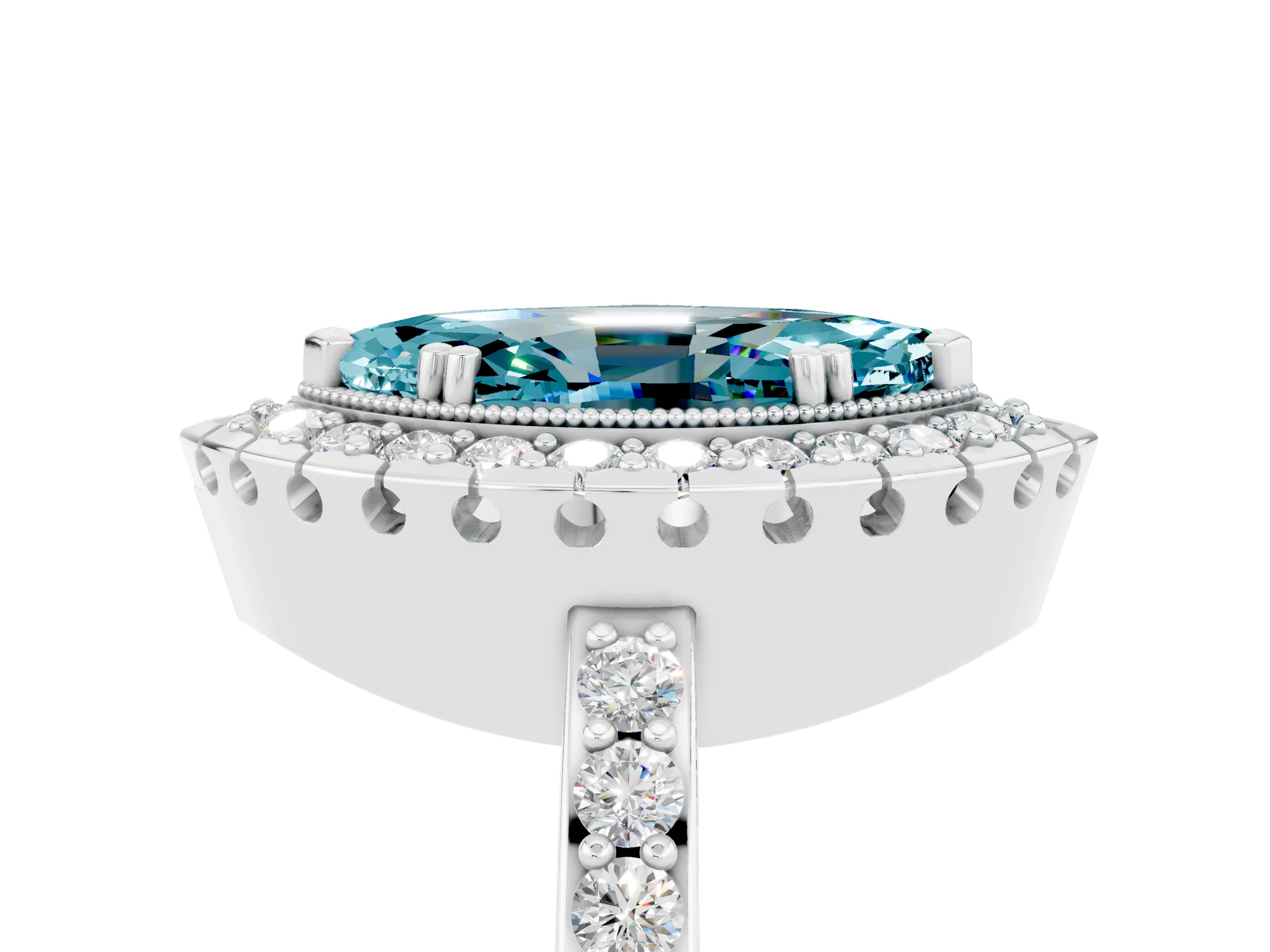 White gold Marquise Cut Diamond Halo Ring with Pavé Band and Prong Setting_5