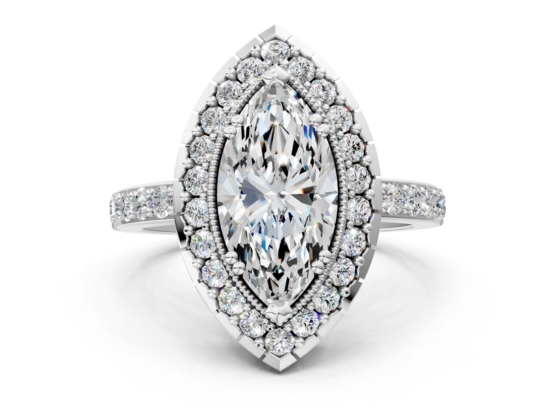 White gold Marquise Cut Diamond Halo Ring with Pavé Band and Prong Setting_7