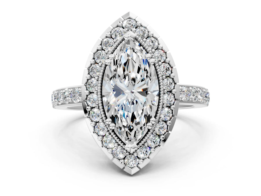 White gold Marquise Cut Diamond Halo Ring with Pavé Band and Prong Setting