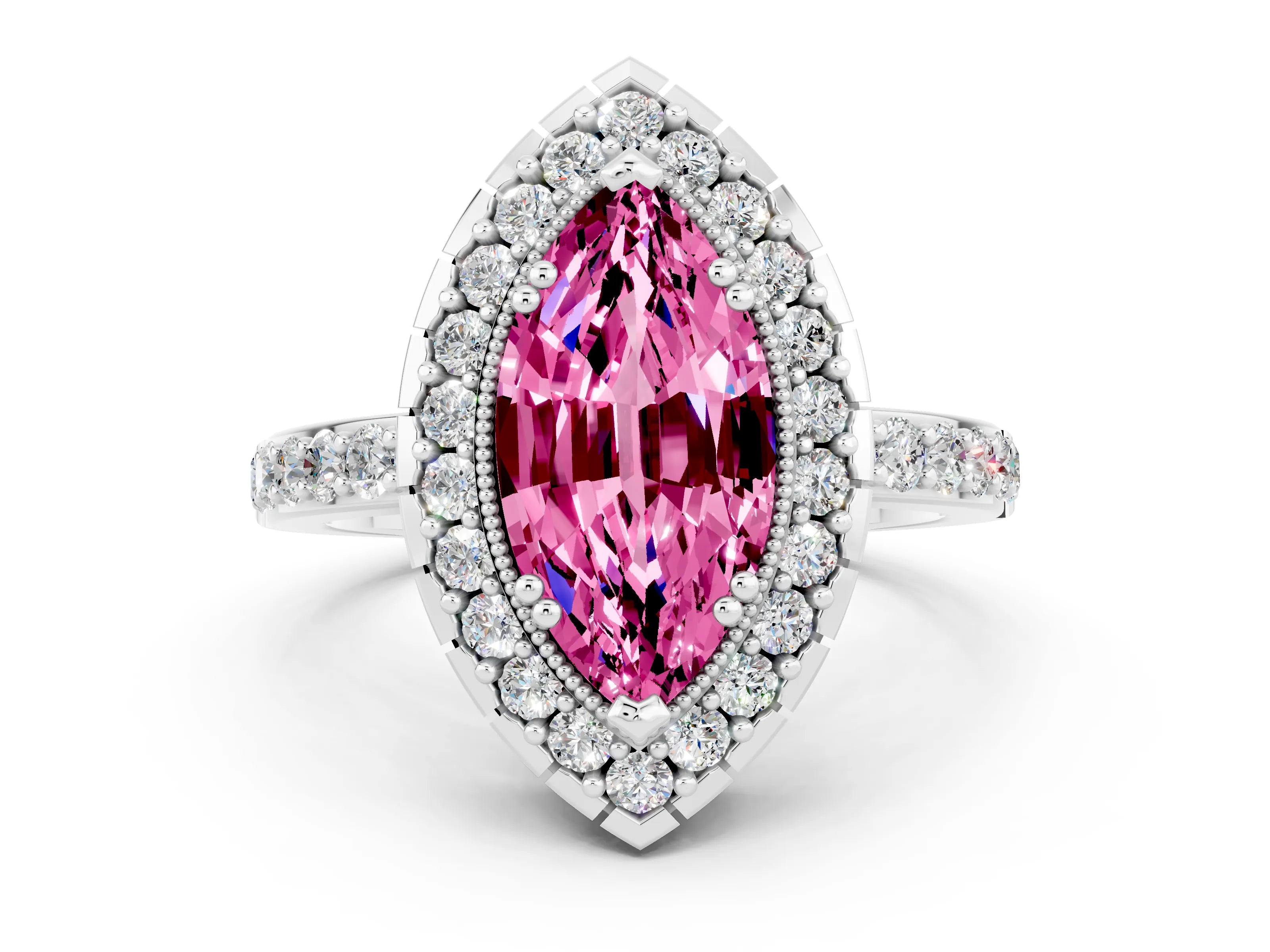 White gold Marquise Cut Diamond Halo Ring with Pavé Band and Prong Setting