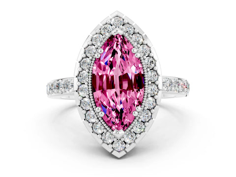 White gold Marquise Cut Diamond Halo Ring with Pavé Band and Prong Setting
