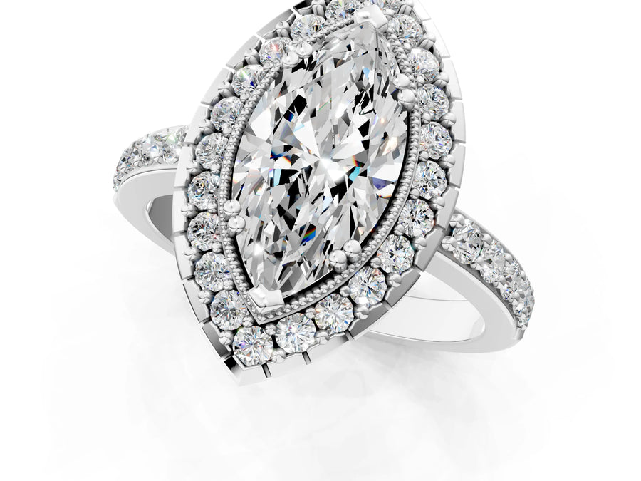 White gold Marquise Cut Diamond Halo Ring with Pavé Band and Prong Setting