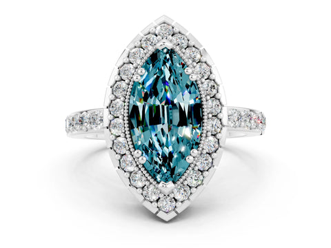 White gold Marquise Cut Diamond Halo Ring with Pavé Band and Prong Setting