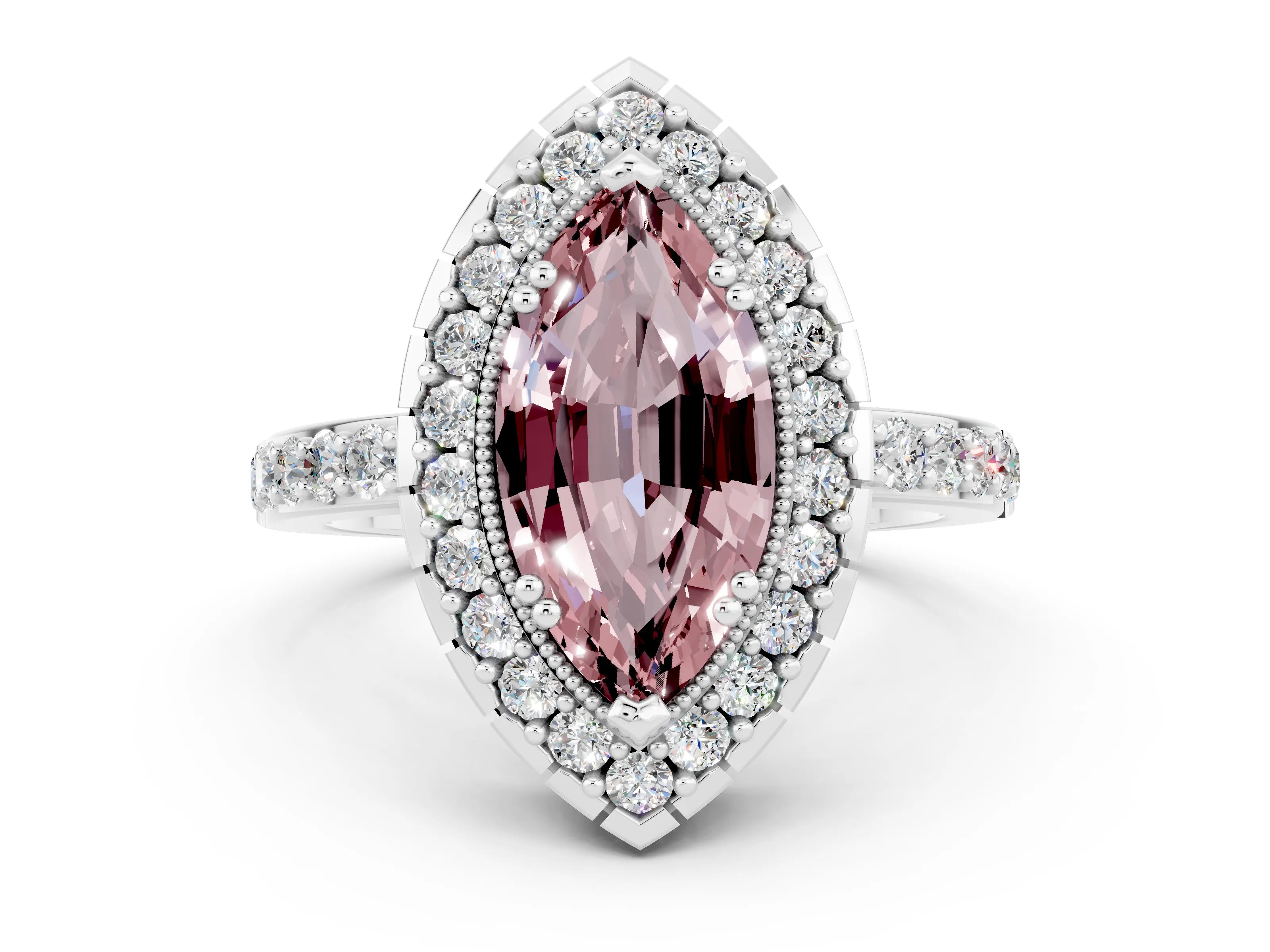 White gold Marquise Cut Diamond Halo Ring with Pavé Band and Prong Setting