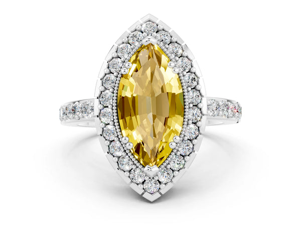 Silver Marquise Cut Yellow Sapphire Halo Ring with Pavé Band and Prong Setting