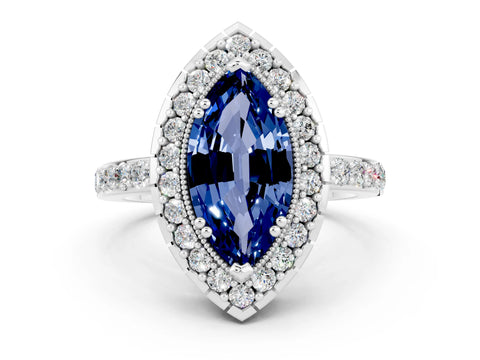 White gold Marquise Cut Diamond Halo Ring with Pavé Band and Prong Setting