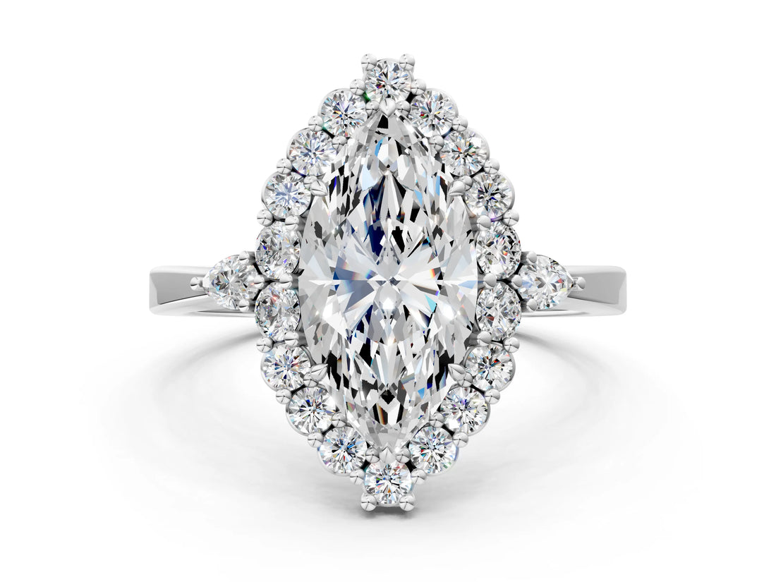 White gold Marquise Cut Diamond Halo Ring with Pear Side Stones and Prong Setting_73