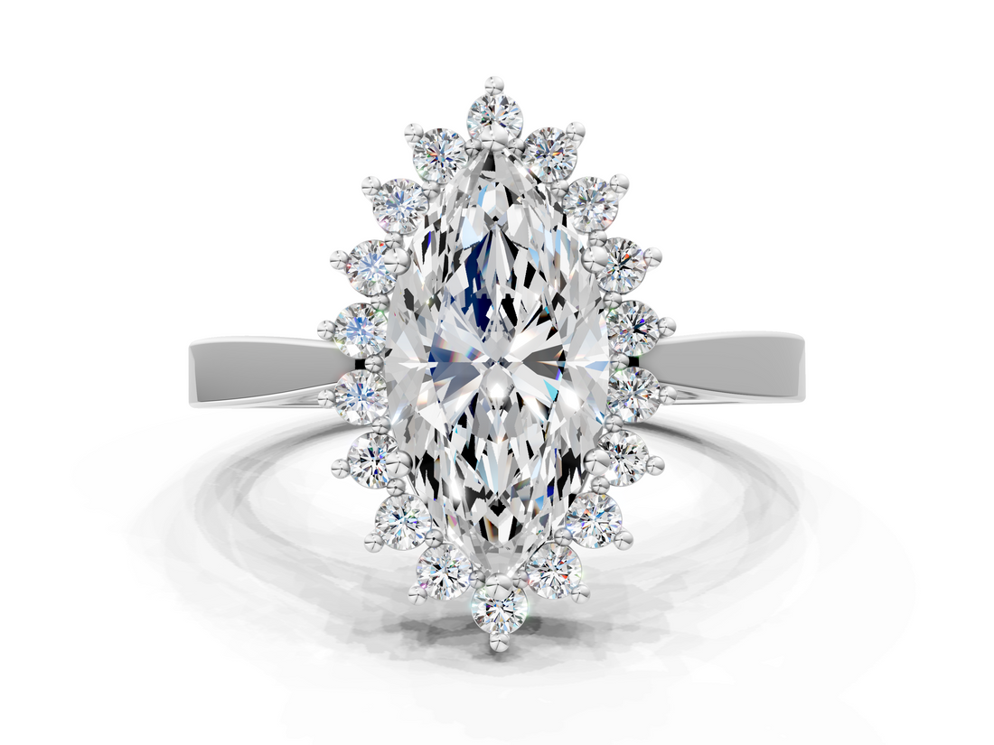 White gold Marquise Cut Diamond Halo Ring with Round Brilliant Halo and Solitaire Band_114