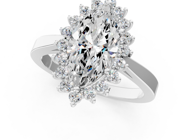 White gold Marquise Cut Diamond Halo Ring with Round Brilliant Halo and Solitaire Band