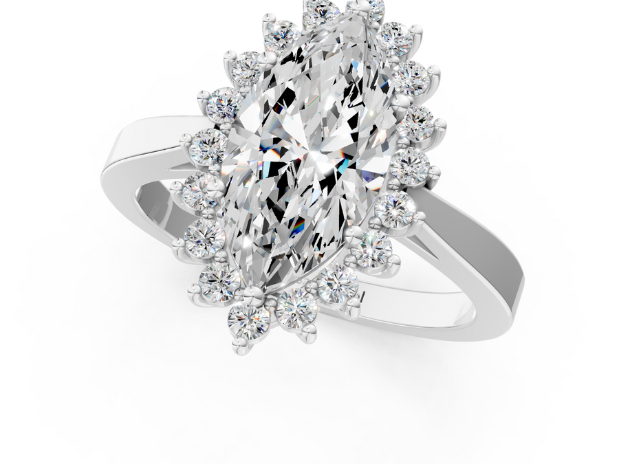 White gold Marquise Cut Diamond Halo Ring with Round Brilliant Halo and Solitaire Band