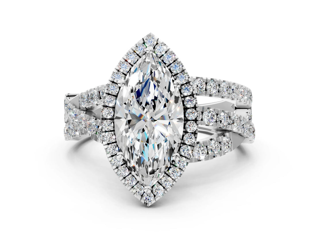 White gold Marquise Cut Diamond Halo Ring with Round Split Shank and Prong Setting_12
