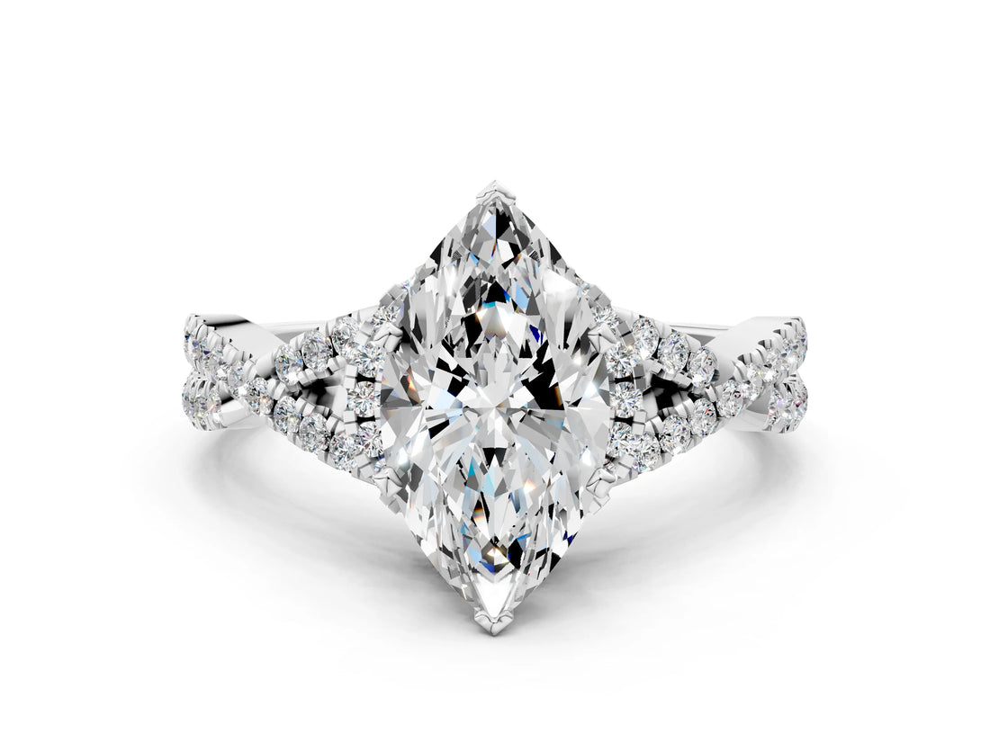 White gold Marquise Cut Diamond  Halo Twist Band Solitaire Prong Setting Ring_119