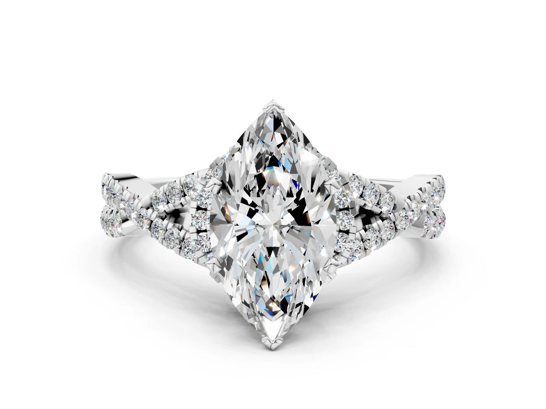 White gold Marquise Cut Diamond  Halo Twist Band Solitaire Prong Setting Ring_56