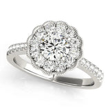 White gold Fancy Green Marquise  Cut Diamond Milgrain Floral Halo Engagement Ring with Pavé Band