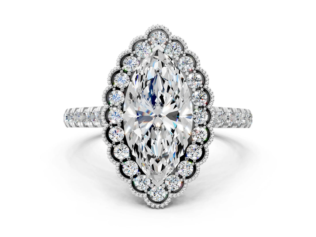 White gold Marquise Cut Diamond Milgrain Floral Halo Engagement Ring with Pavé Band_21