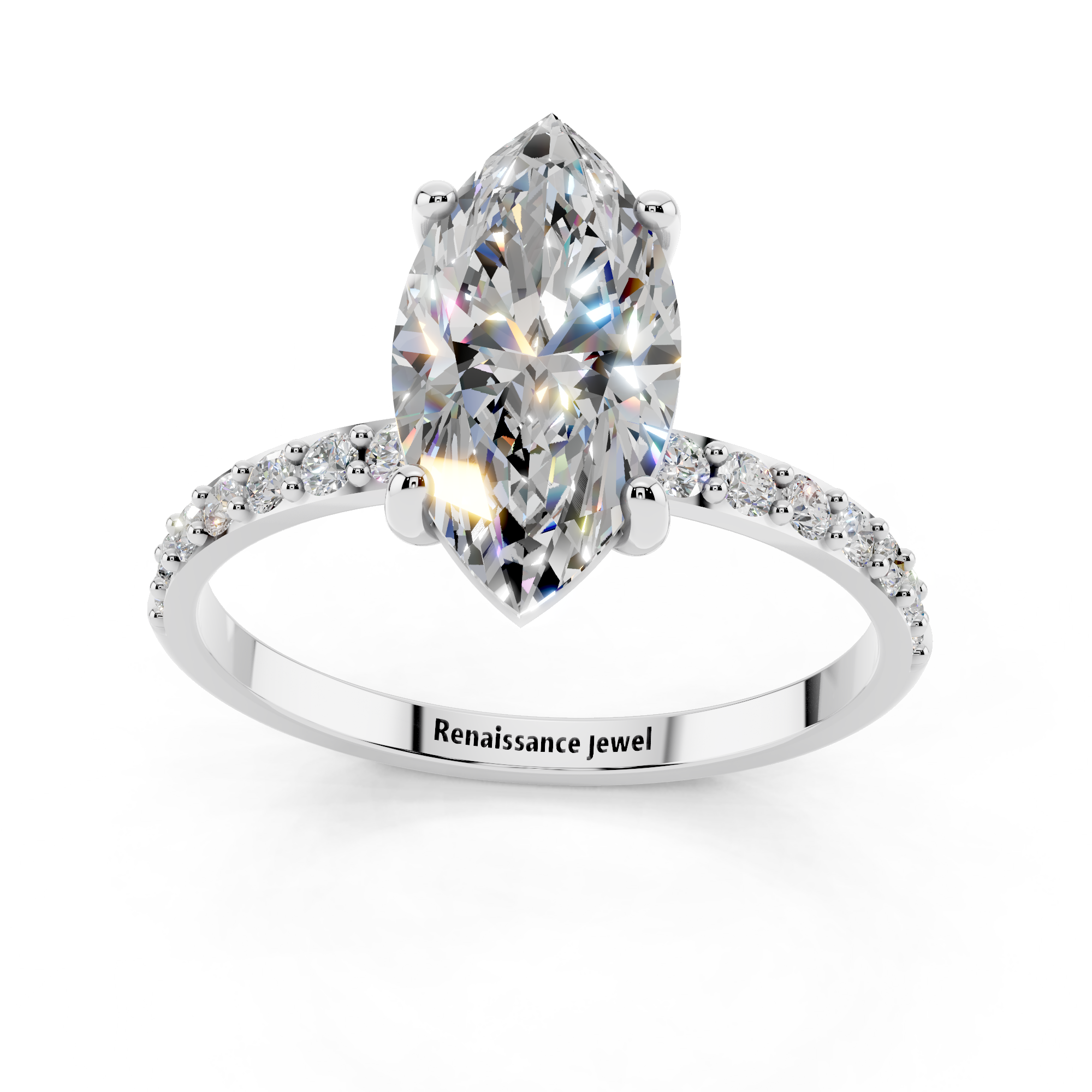 White gold Marquise Cut Diamond Pavé Band Solitaire Ring with Four-Prong Setting_9