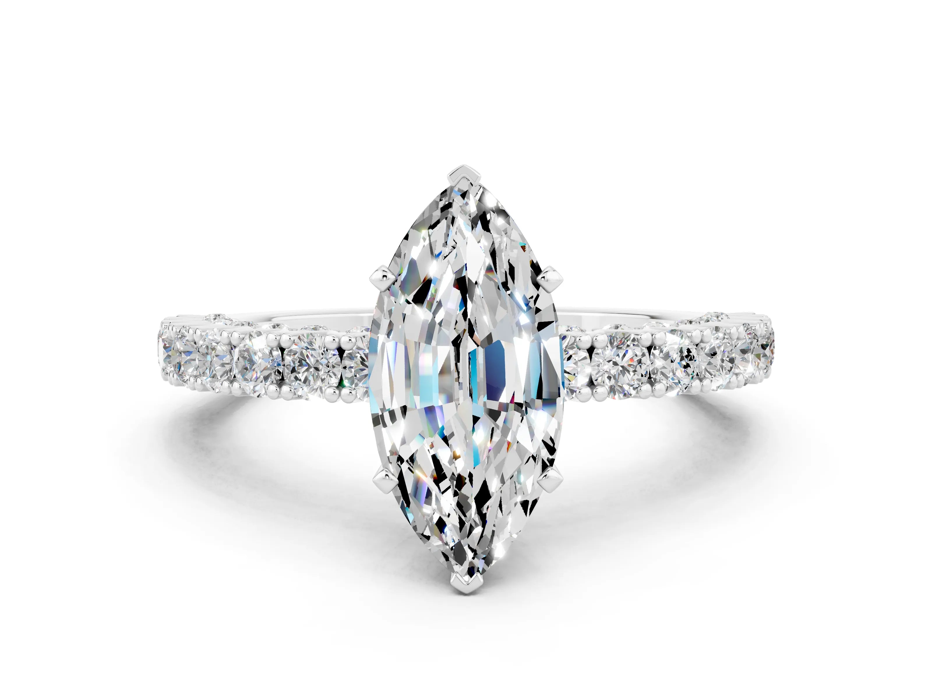 White gold Marquise Cut Diamond Pavé Band Solitaire Ring with Prong Setting