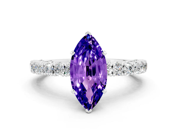 White gold Marquise Cut Diamond Pavé Band Solitaire Ring with Prong Setting