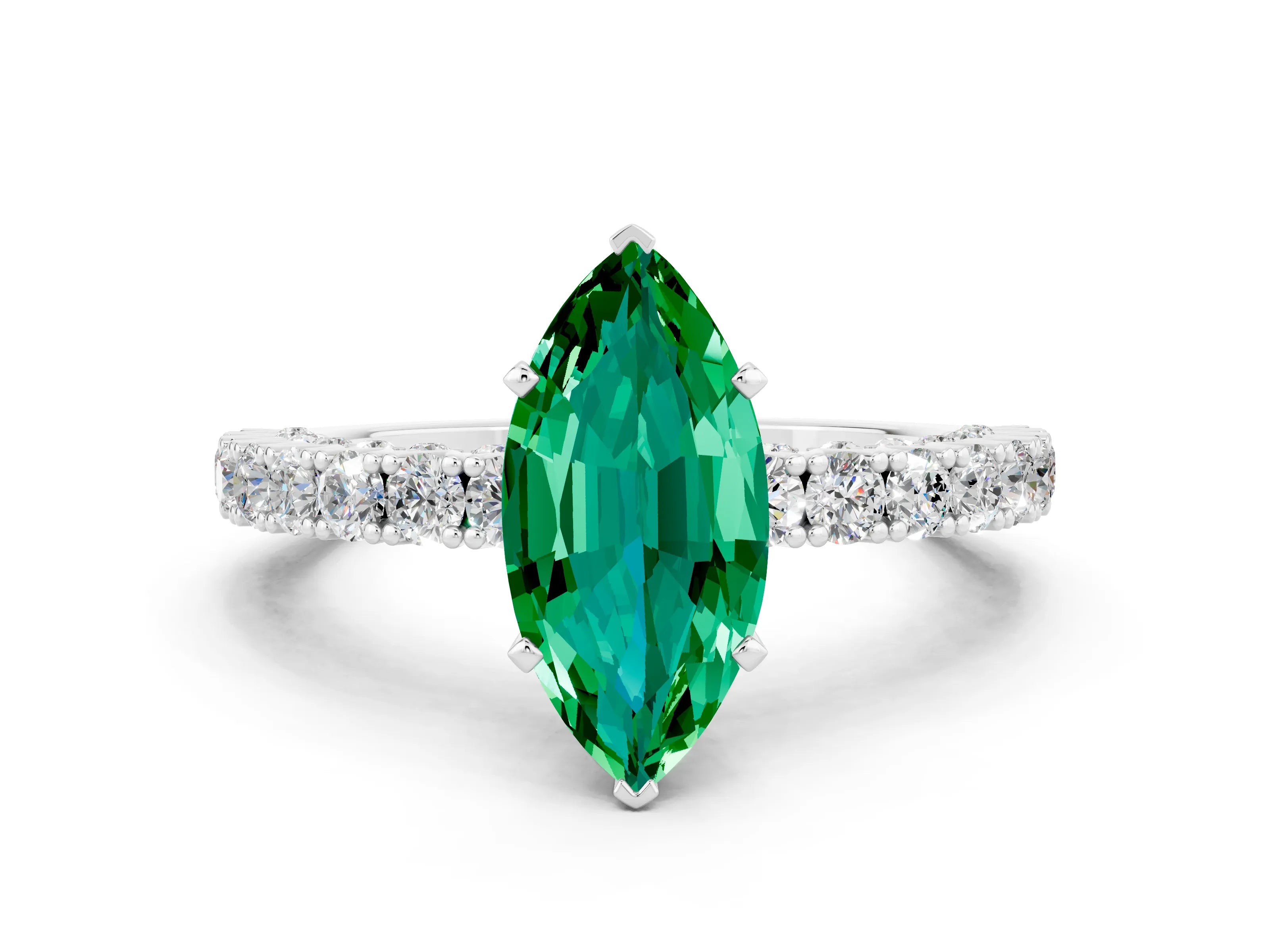 White gold Marquise Cut Diamond Pavé Band Solitaire Ring with Prong Setting