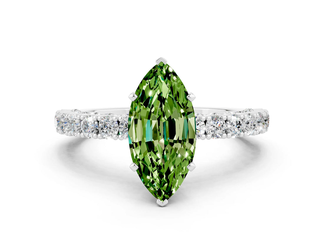 White gold Marquise Cut Diamond Pavé Band Solitaire Ring with Prong Setting