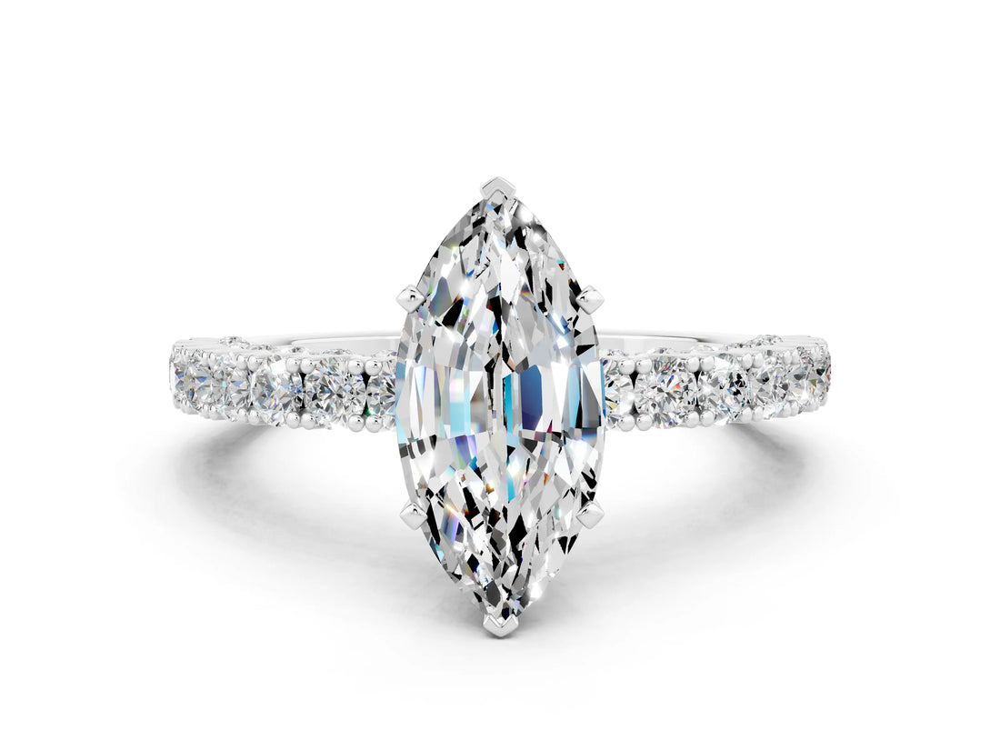 White gold Marquise Cut Diamond Pavé Band Solitaire Ring with Prong Setting