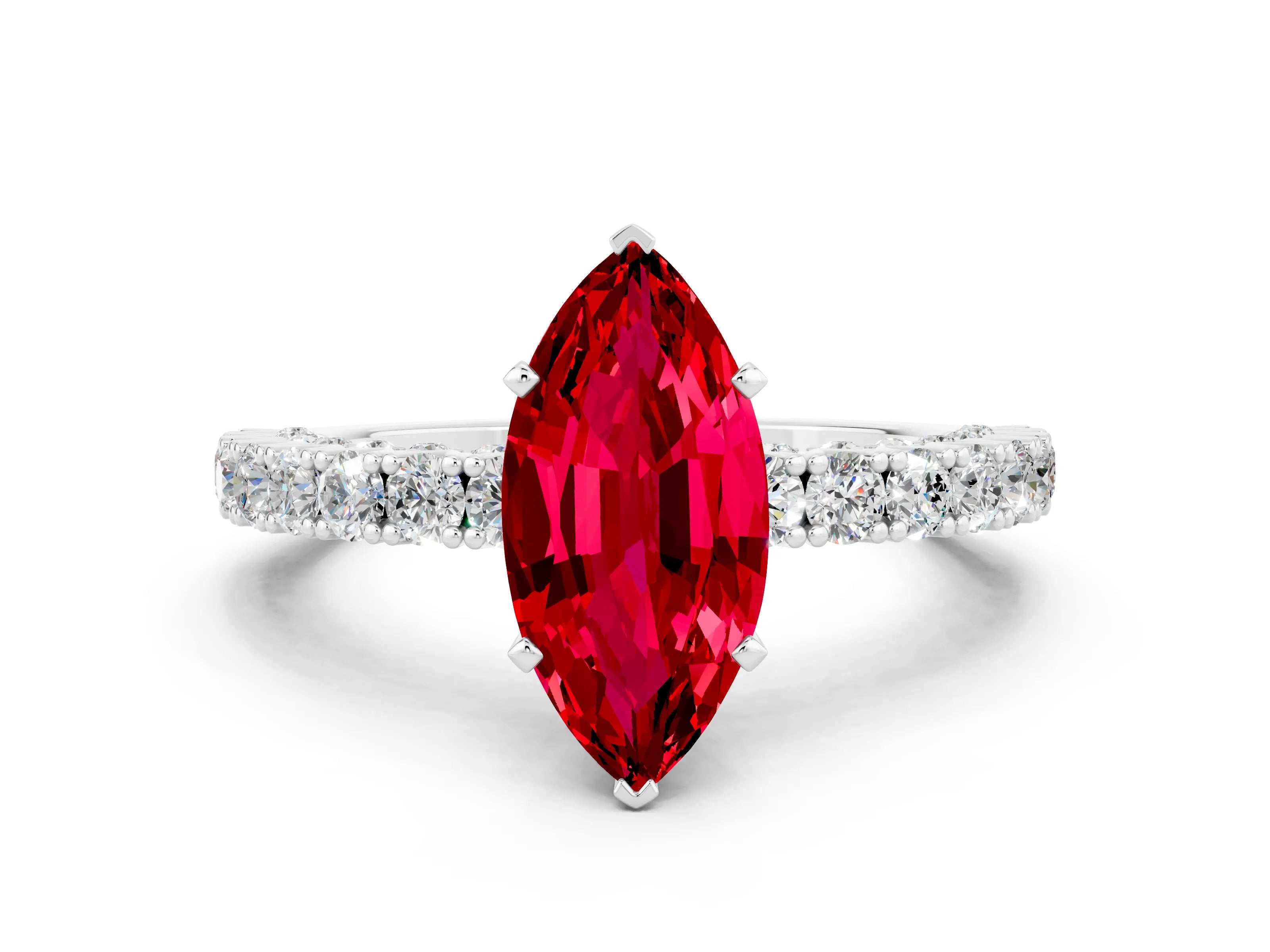 White gold Marquise Cut Diamond Pavé Band Solitaire Ring with Prong Setting