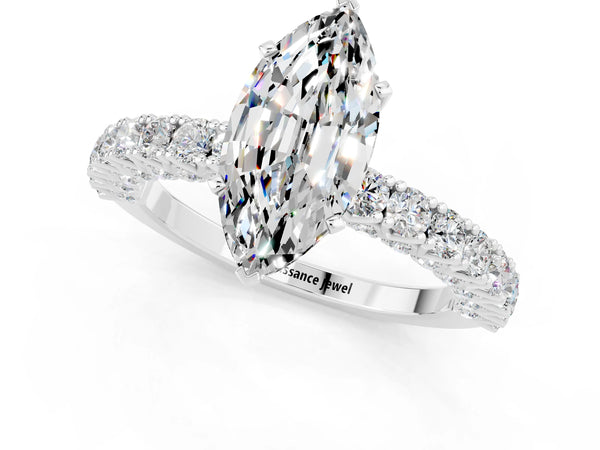 White gold Marquise Cut Diamond Pavé Band Solitaire Ring with Prong Setting